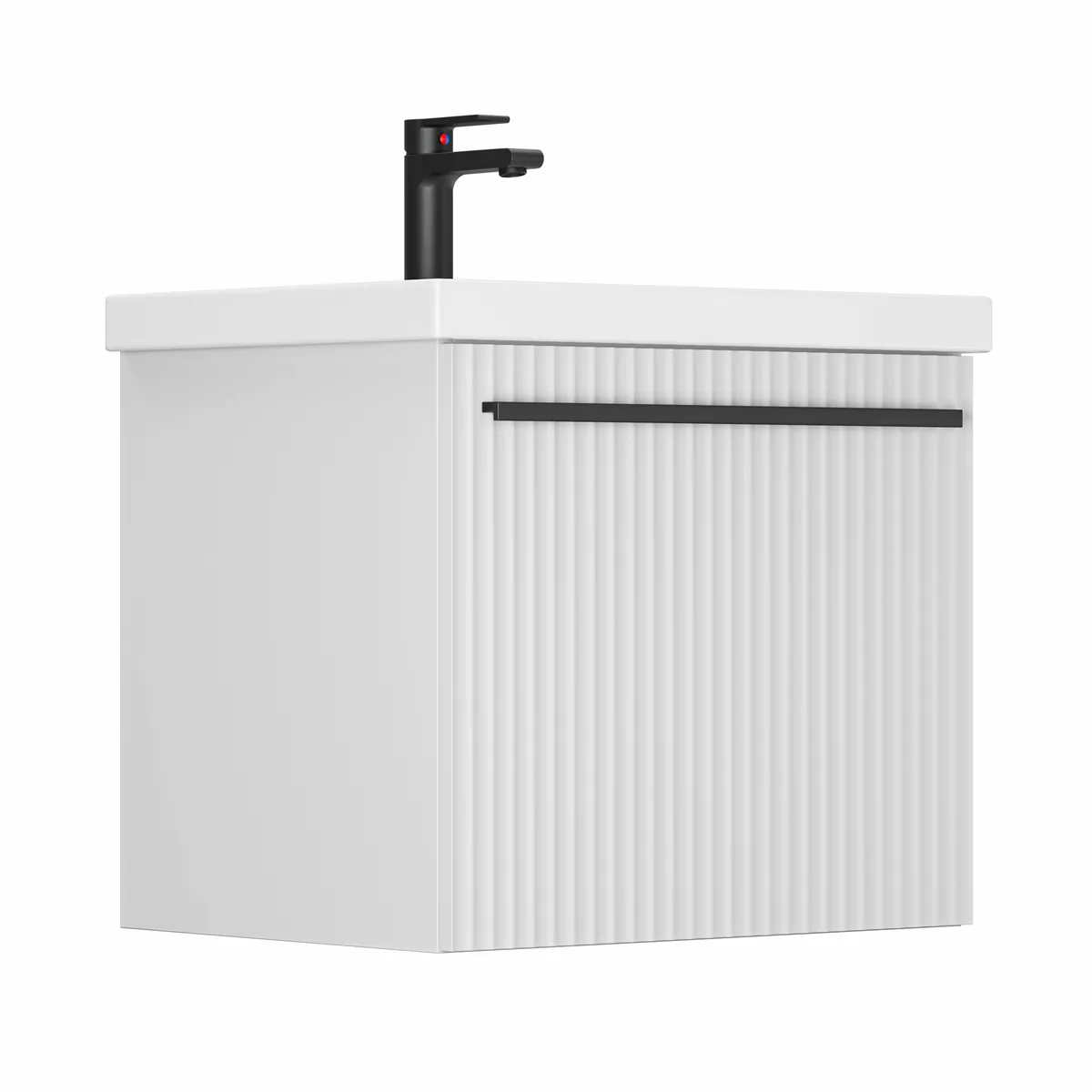 Тумба Пандора для умывальника COMO 60 белая матовая, скрытый ящик, подвесная, ручка черная матовая GRADEONIKA