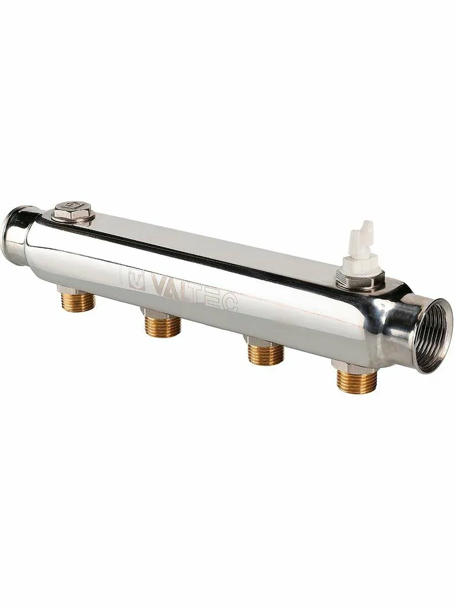 Коллектор из нержавеющей стали Ду 25x15x4 вых. с нар.р. с интервалом 100 мм VTc.510